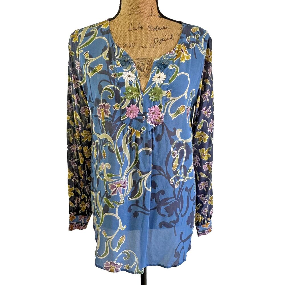 Max Volmary Blue Floral Sequin Embellished V-Neck Long Sleeve Silk Blouse Sz 8